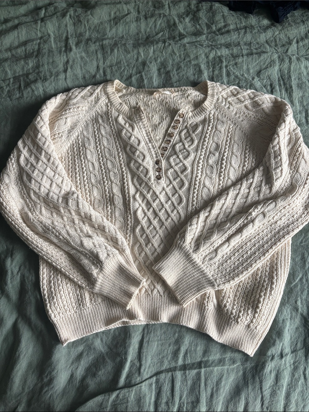 Sezane Cotton Cream Cable Crewneck Sweater with Button Placket